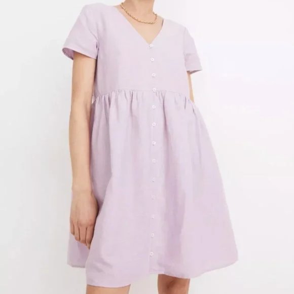 Madewell | Linen Blend Alexandra Button Front V Neck Mini Dress Lilac Lavender S - Picture 1 of 10